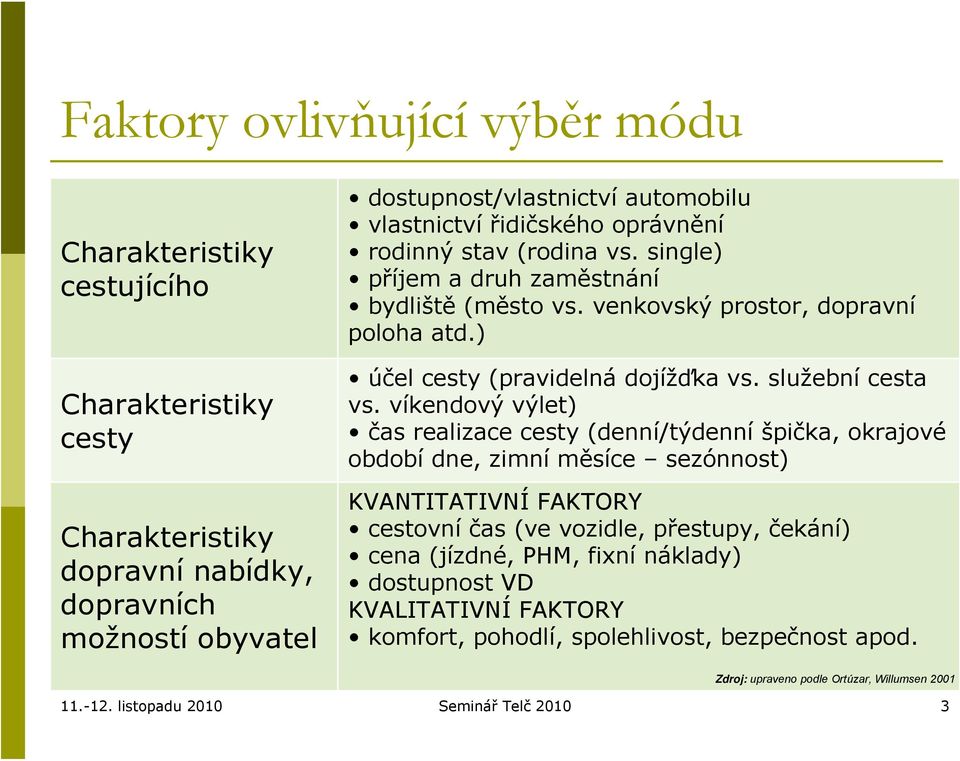 ) účel cesty (pravidelná dojížďka vs. služební cesta vs.