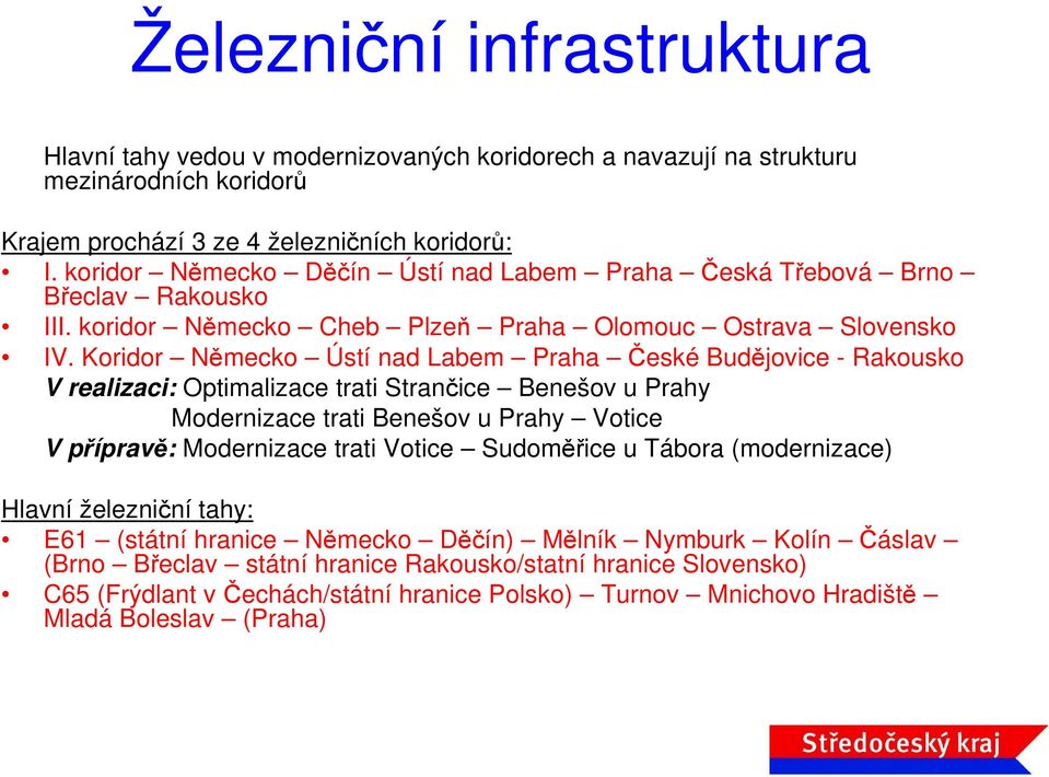 Koridor Německo Ústí nad Labem Praha České Budějovice - Rakousko V realizaci: Optimalizace trati Strančice Benešov u Prahy Modernizace trati Benešov u Prahy Votice V přípravě: Modernizace trati