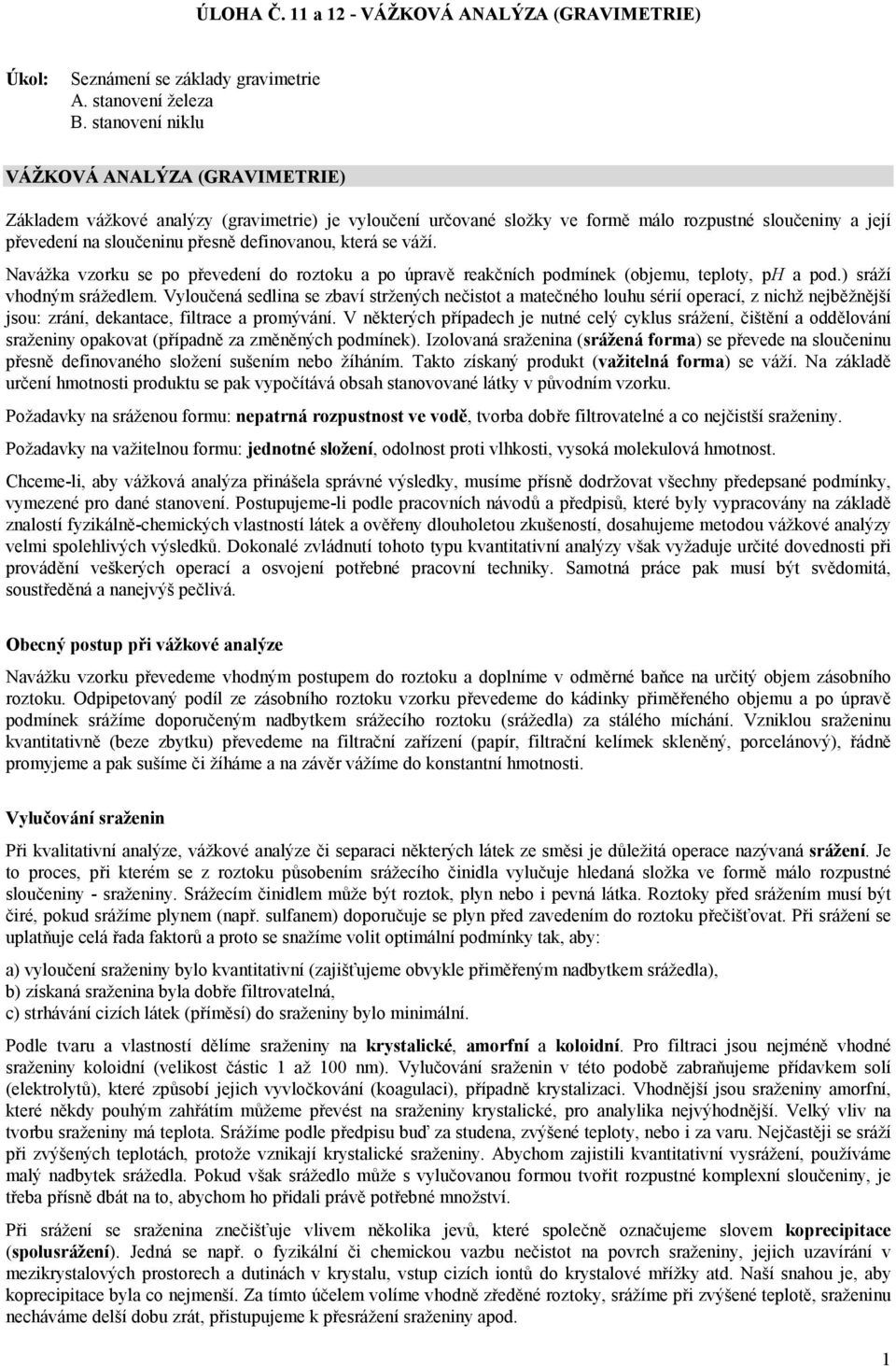 ÚLOHA Č. 11 a 12 - VÁŽKOVÁ ANALÝZA (GRAVIMETRIE) - PDF Stažení zdarma