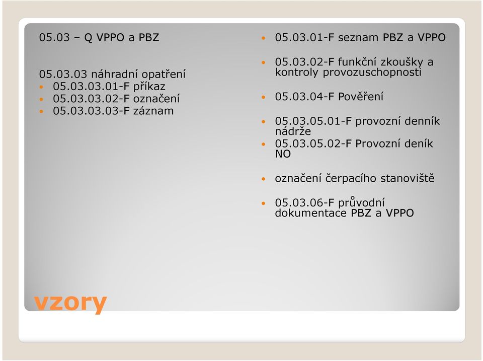 03.04-F Pověření 05.03.05.01-F provozní denník nádrže 05.03.05.02-F Provozní deník NO označení čerpacího stanoviště 05.