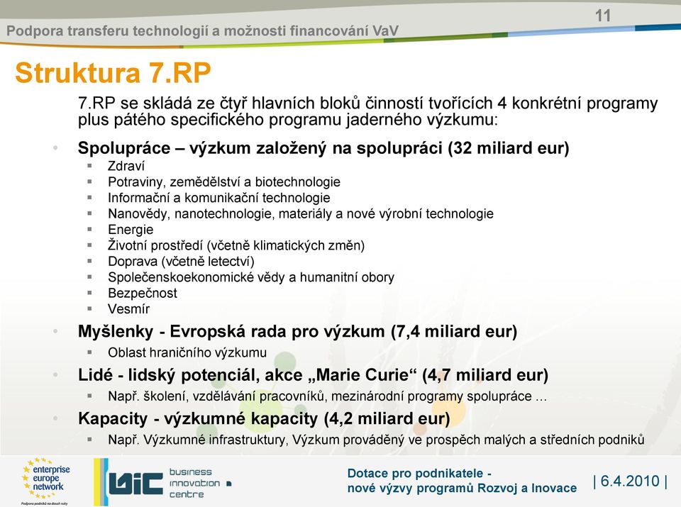 Potraviny, zemědělství a biotechnologie Informační a komunikační technologie Nanovědy, nanotechnologie, materiály a nové výrobní technologie Energie Životní prostředí (včetně klimatických změn)