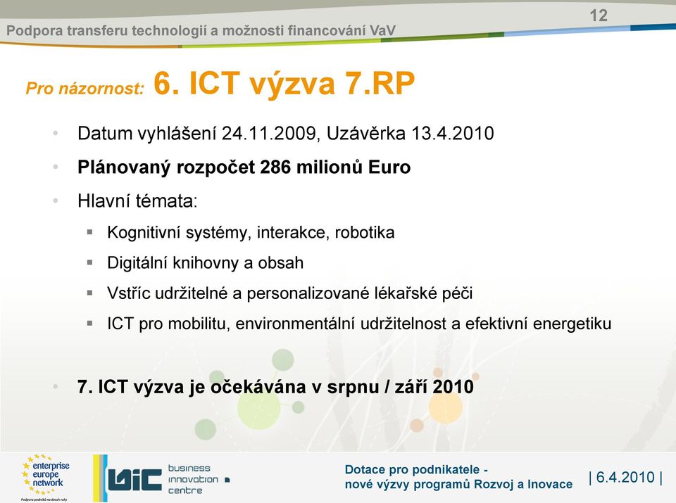 2010 Plánovaný rozpočet 286 milionů Euro Hlavní témata: Kognitivní systémy, interakce,