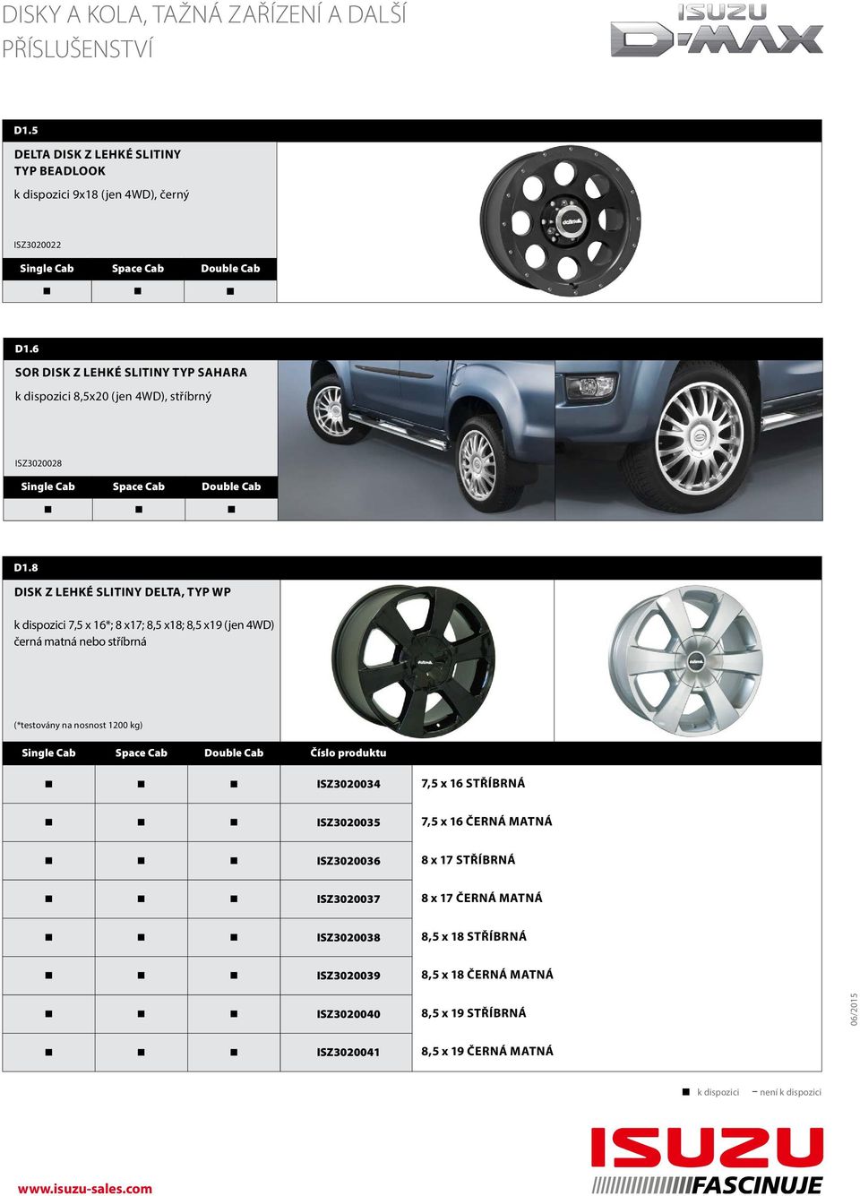 8 DISK Z LEHKÉ SLITINY DELTA, TYP WP k dispozici 7,5 x 16*; 8 x17; 8,5 x18; 8,5 x19 (jen 4WD) černá matná nebo stříbrná (*testovány na nosnost 1200 kg) Číslo produktu