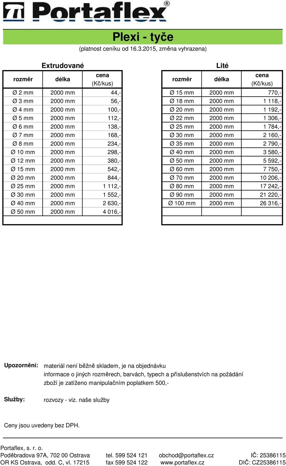 100,- Ø 20 mm 2000 mm 1 192,- Ø 5 mm 2000 mm 112,- Ø 22 mm 2000 mm 1 306,- Ø 6 mm 2000 mm 138,- Ø 25 mm 2000 mm 1 784,- Ø 7 mm 2000 mm 168,- Ø 30 mm 2000 mm 2 160,- Ø 8 mm 2000 mm 234,- Ø 35 mm 2000