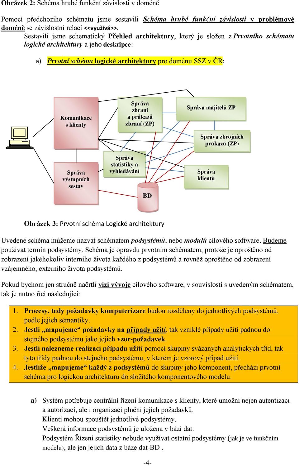 zbraní a průkazů zbraní (ZP) statistiky a vyhledávání BD majitelů ZP zbrojních průkazů (ZP) klientů Obrázek 3: Prvotní schéma Logické architektury Uvedené schéma můžeme nazvat schématem podsystémů,