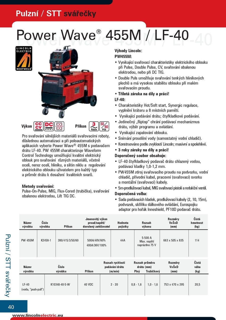 PW 455M charakterizuje Waveform Control Technology umožňující kvalitní elektrický oblouk pro svařování různých materiálů, včetně oceli, nerez ocelí, hliníku, a slitin niklu a regulování elektrického