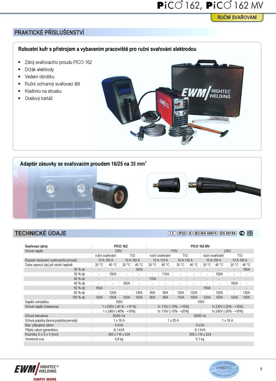 Ocelový kartáč Adaptér zásuvky se svařovacím proudem 16/25 na 2 35 mm TECHNICKÉ ÚDAJE IP23 S IEC/EN 60974 EN 50199 Svařovací zdroj PICO 162 PICO 162 MV Síťové napětí 230V 115V 230V ruční svařování