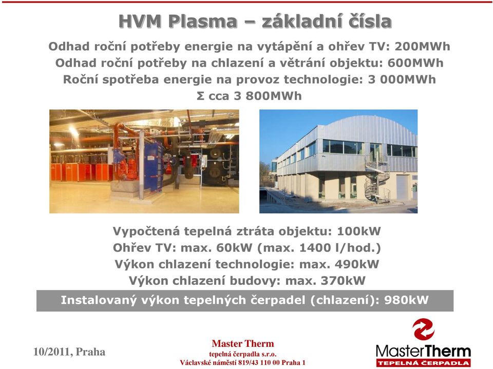 800MWh Vypočtená tepelná ztráta objektu: 100kW Ohřev TV: max. 60kW (max. 1400 l/hod.