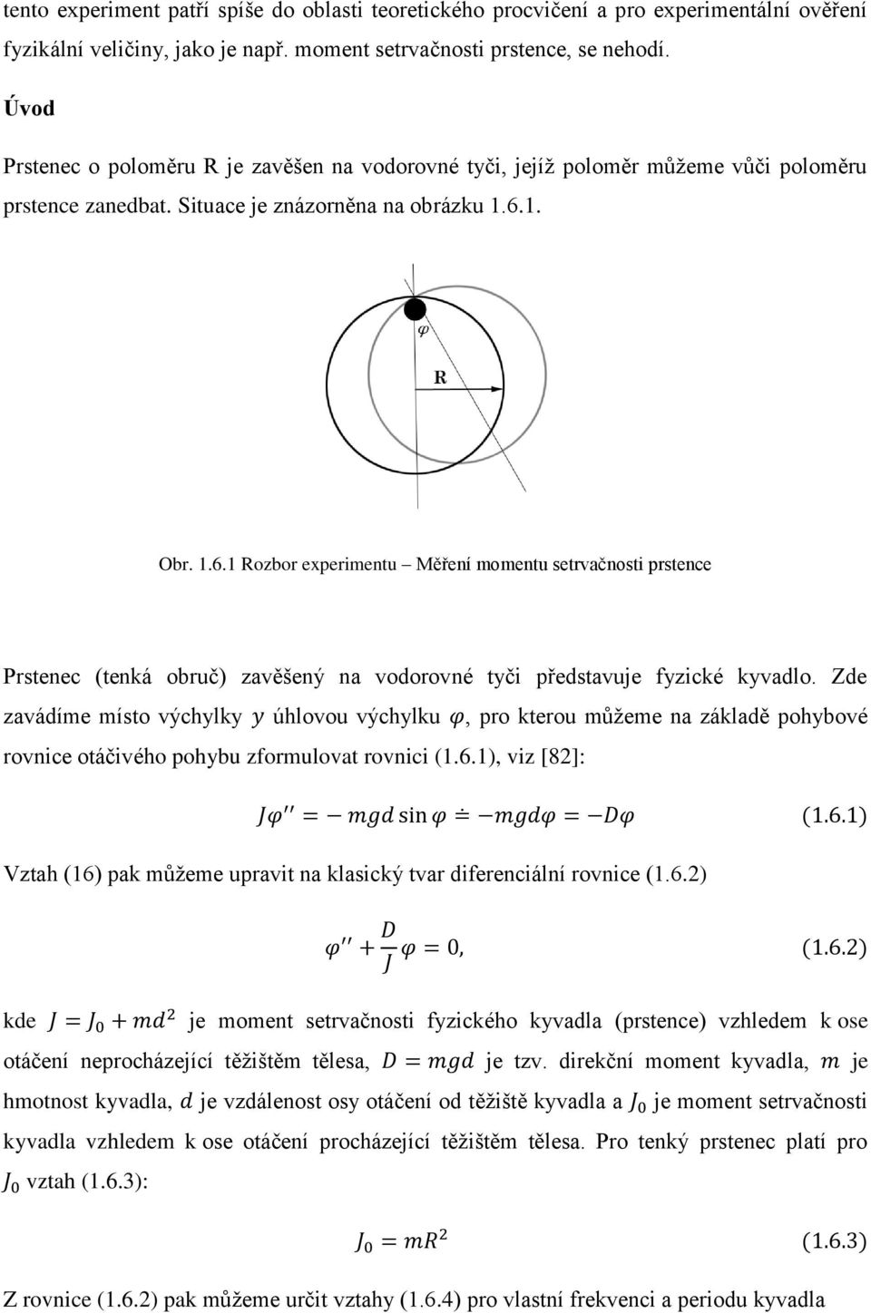 1. Obr. 1.6.1 Rozbor experimentu Měření momentu setrvačnosti prstence Prstenec (tenká obruč) zavěšený na vodorovné tyči představuje fyzické kyvadlo.