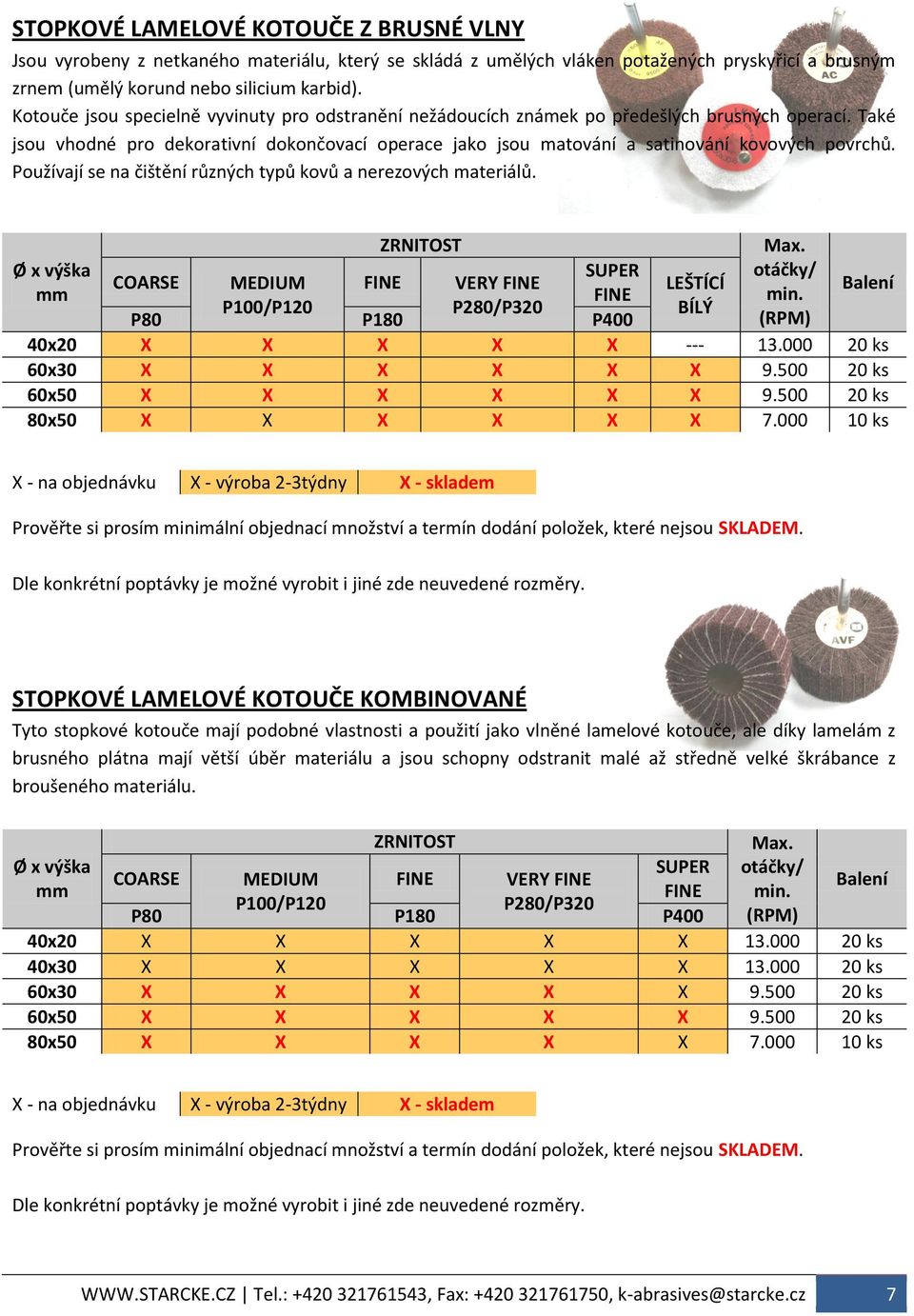 Používají se na čištění různých typů kovů a nerezových materiálů. Max. SUPER otáčky/ COARSE MEDIUM FINE VERY FINE LEŠTÍCÍ mm FINE min. P100/P120 P280/P320 BÍLÝ P80 P180 P400 (RPM) 40x20 --- 13.