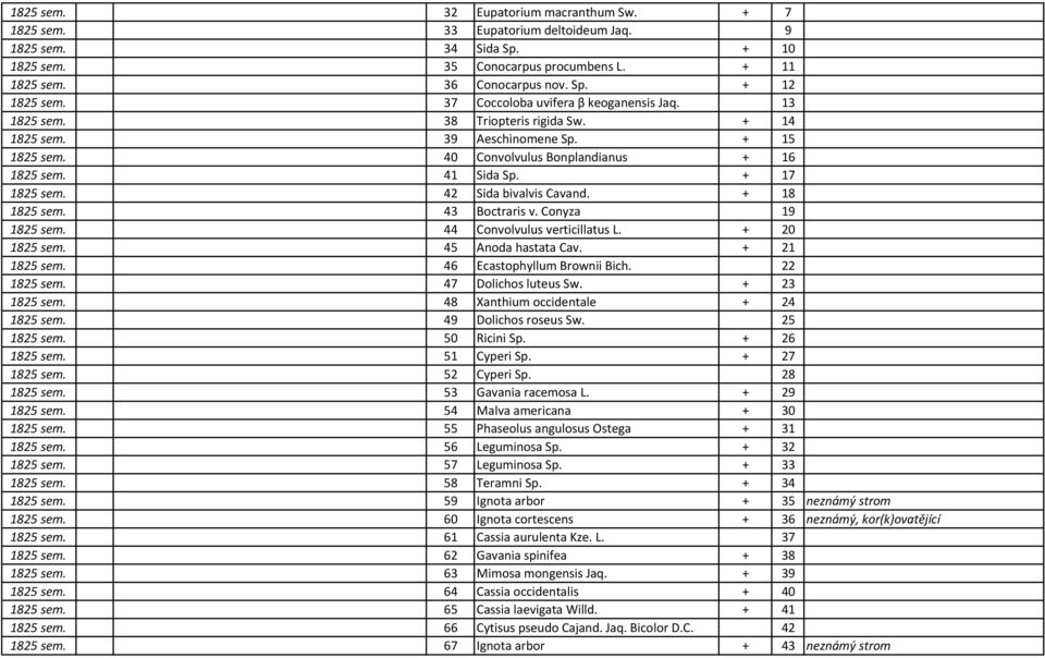 42 Sida bivalvis Cavand. + 18 1825 sem. 43 Boctraris v. Conyza 19 1825 sem. 44 Convolvulus verticillatus L. + 20 1825 sem. 45 Anoda hastata Cav. + 21 1825 sem. 46 Ecastophyllum Brownii Bich.