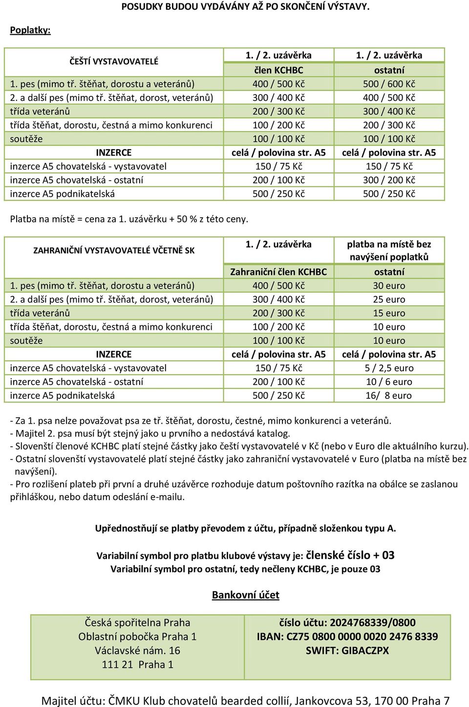 štěňat, dorost, veteránů) 300 / 400 Kč 400 / 500 Kč třída veteránů 200 / 300 Kč 300 / 400 Kč třída štěňat, dorostu, čestná a mimo konkurenci 100 / 200 Kč 200 / 300 Kč soutěže 100 / 100 Kč 100 / 100