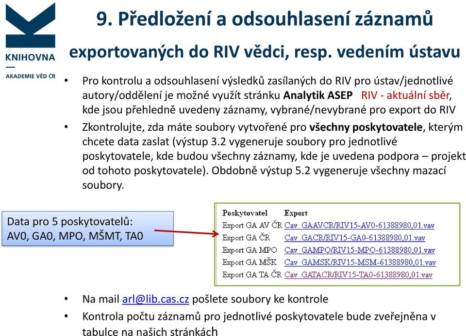 záznamy, vybrané/nevybrané pro export do RIV Zkontrolujte, zda máte soubory vytvořené pro všechny poskytovatele, kterým chcete data zaslat (výstup 3.