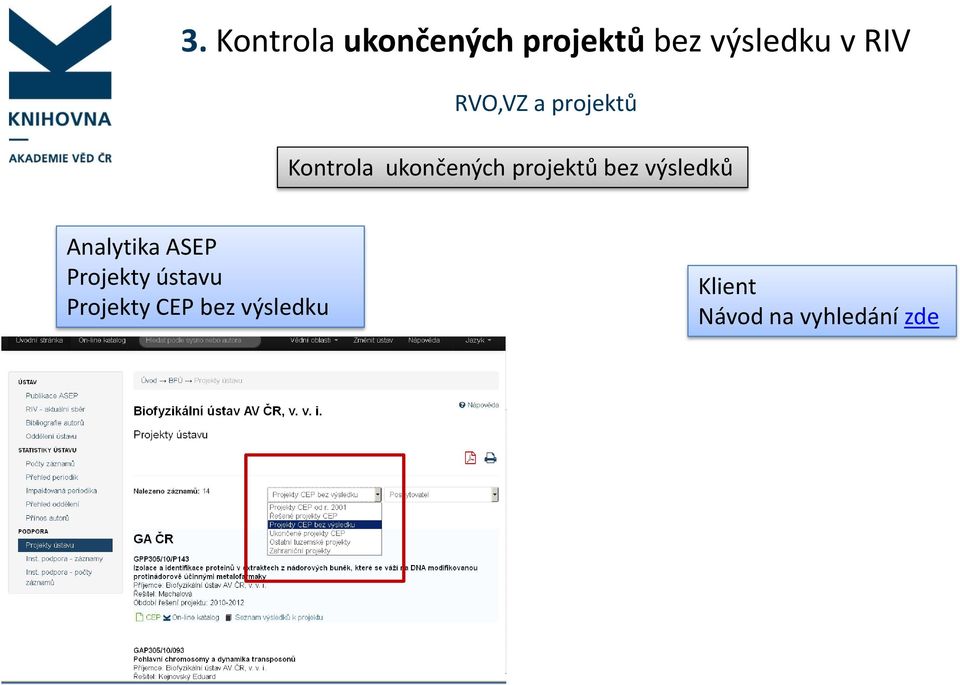 projektů bez výsledků Analytika ASEP Projekty
