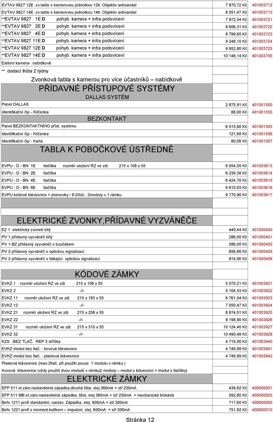 kamera + infra podsvícení 8 606,31 Kč 401003722 **EVTAV 9827 4E D pohyb. kamera + infra podsvícení 8 799,65 Kč 401003723 **EVTAV 9827 11E D pohyb.