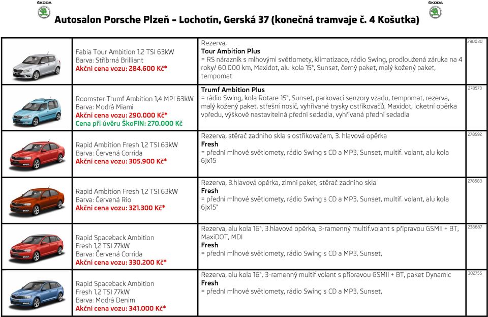 000 km, Maxidot, alu kola 15, Sunset, černý paket, malý kožený paket, tempomat Trumf = rádio Swing, kola Rotare 15, Sunset, parkovací senzory vzadu, tempomat, rezerva, malý kožený paket, střešní