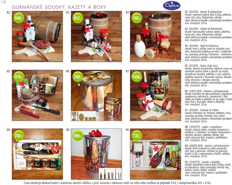 Salami & Ballantines obsah: francouzský sušený salám, prkénko, ostrý nůž, olivy, Ballantines whisky obal: plechový soudek s tématickým potiskem 84. SOUDEK.