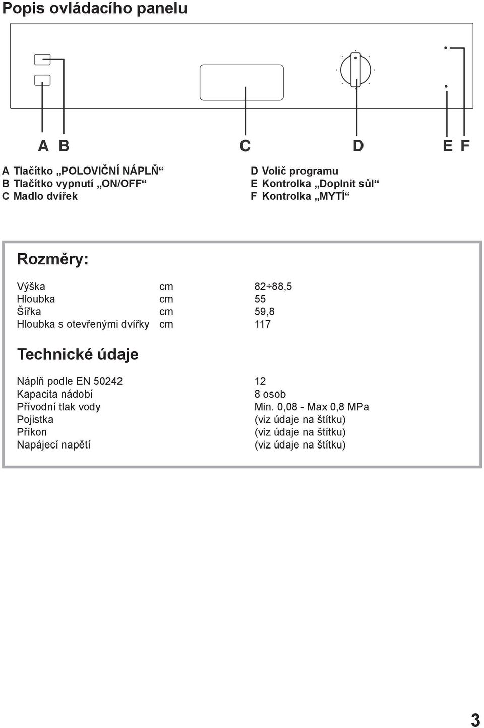 otevřenými dvířky cm 117 Technické údaje Náplň podle EN 50242 12 Kapacita nádobí 8 osob Přívodní tlak vody Min.
