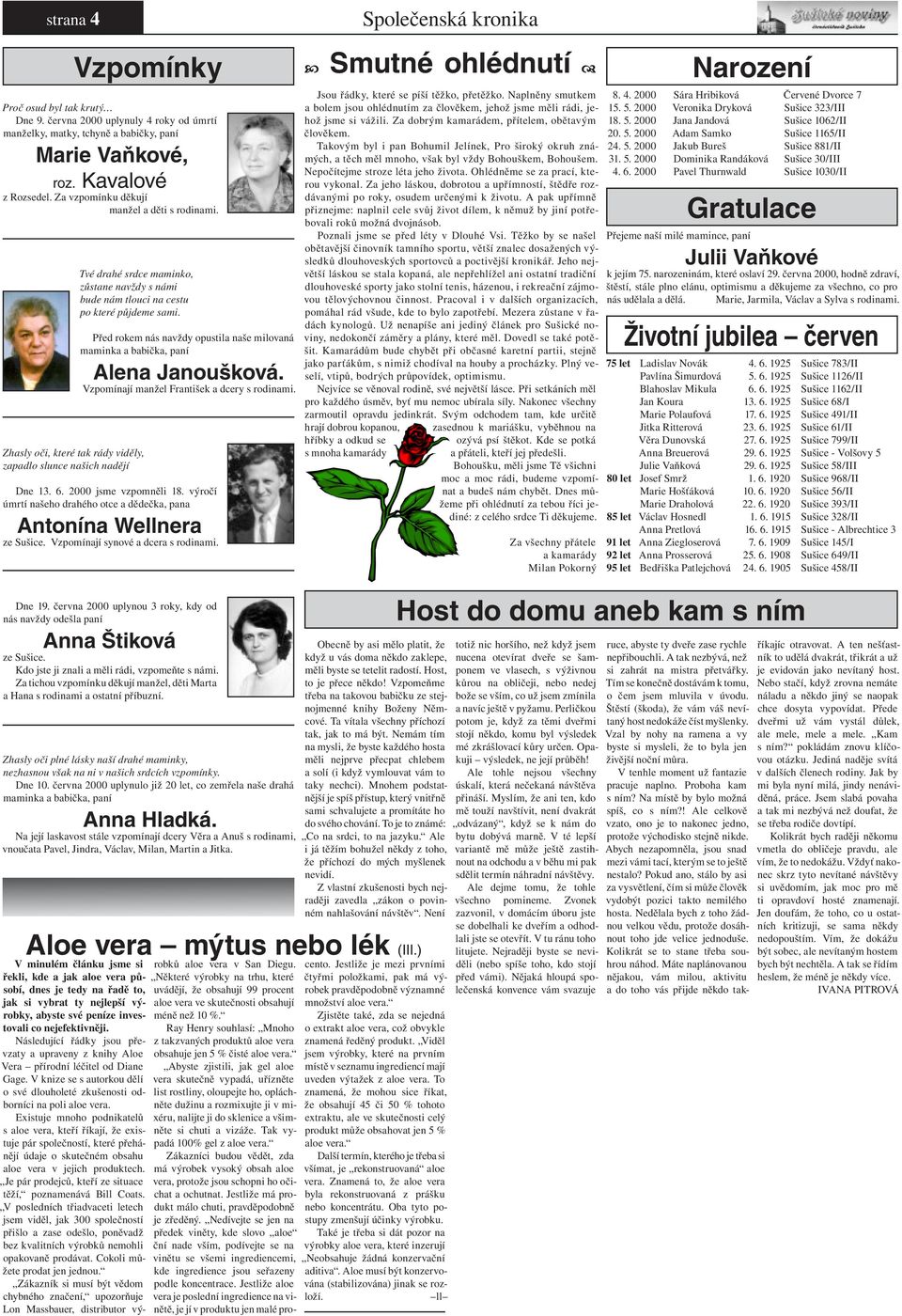 Zhasly oči, které tak rády viděly, zapadlo slunce našich nadějí Aloe vera mýtus nebo lék (III.) Před rokem nás navždy opustila naše milovaná maminka a babička, paní Alena Janoušková.