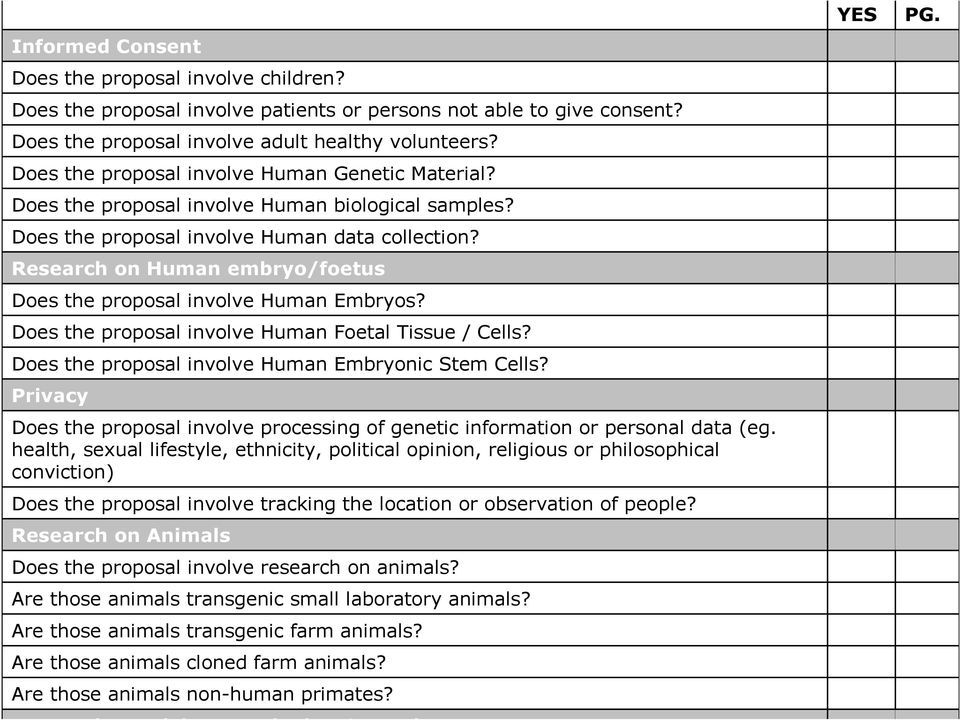 Research on Human embryo/foetus Does the proposal involve Human Embryos? Does the proposal involve Human Foetal Tissue / Cells? Does the proposal involve Human Embryonic Stem Cells?