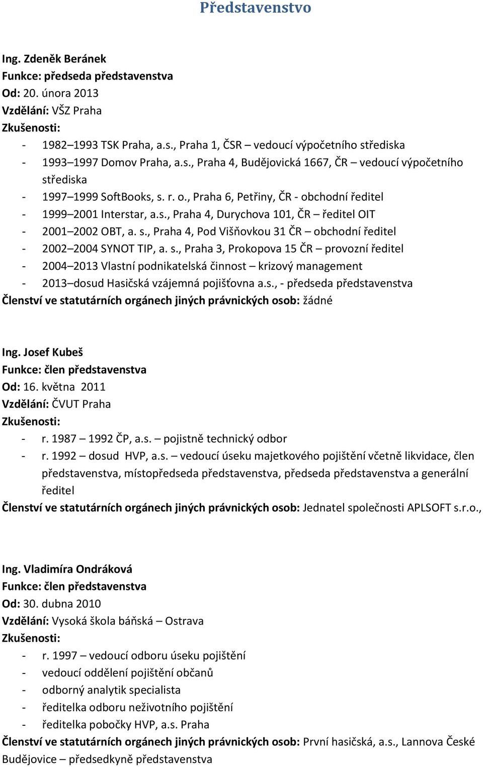 s., Praha 4, Pod Višňovkou 31 ČR obchodní ředitel - 2002 2004 SYNOT TIP, a. s.