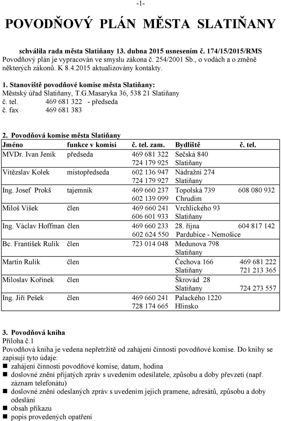 469 681 322 - předseda č. fax 469 681 383 2. Povodňová komise města Slatiňany Jméno funkce v komisi č. tel. zam. Bydliště č. tel. MVDr.