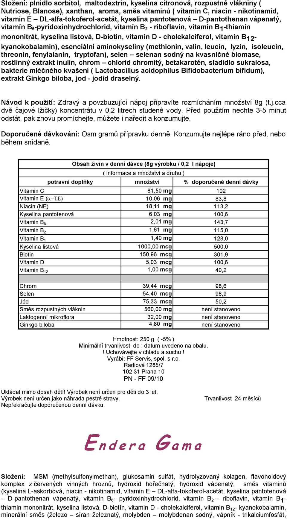 vitamin D - cholekalciferol, vitamin B 12 - kyanokobalamin), esenciální aminokyseliny (methionin, valin, leucin, lyzin, isoleucin, threonin, fenylalanin, tryptofan), selen selenan sodný na kvasničné