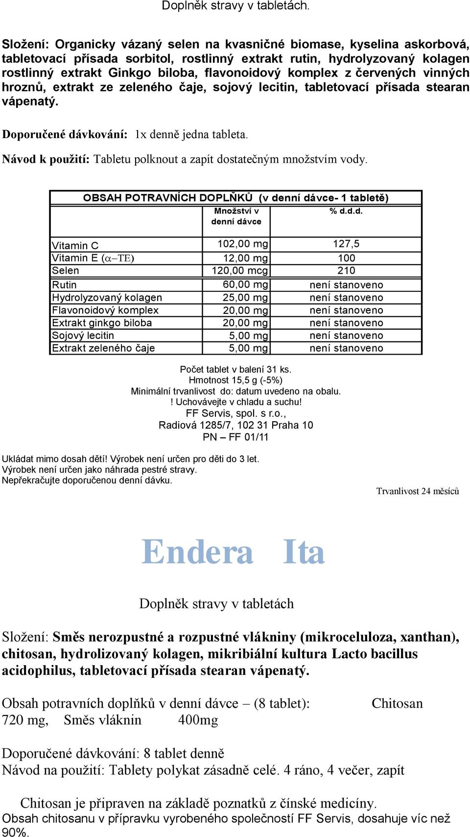 komplex z červených vinných hroznů, extrakt ze zeleného čaje, sojový lecitin, tabletovací přísada stearan vápenatý. Doporučené dávkování: 1x denně jedna tableta.