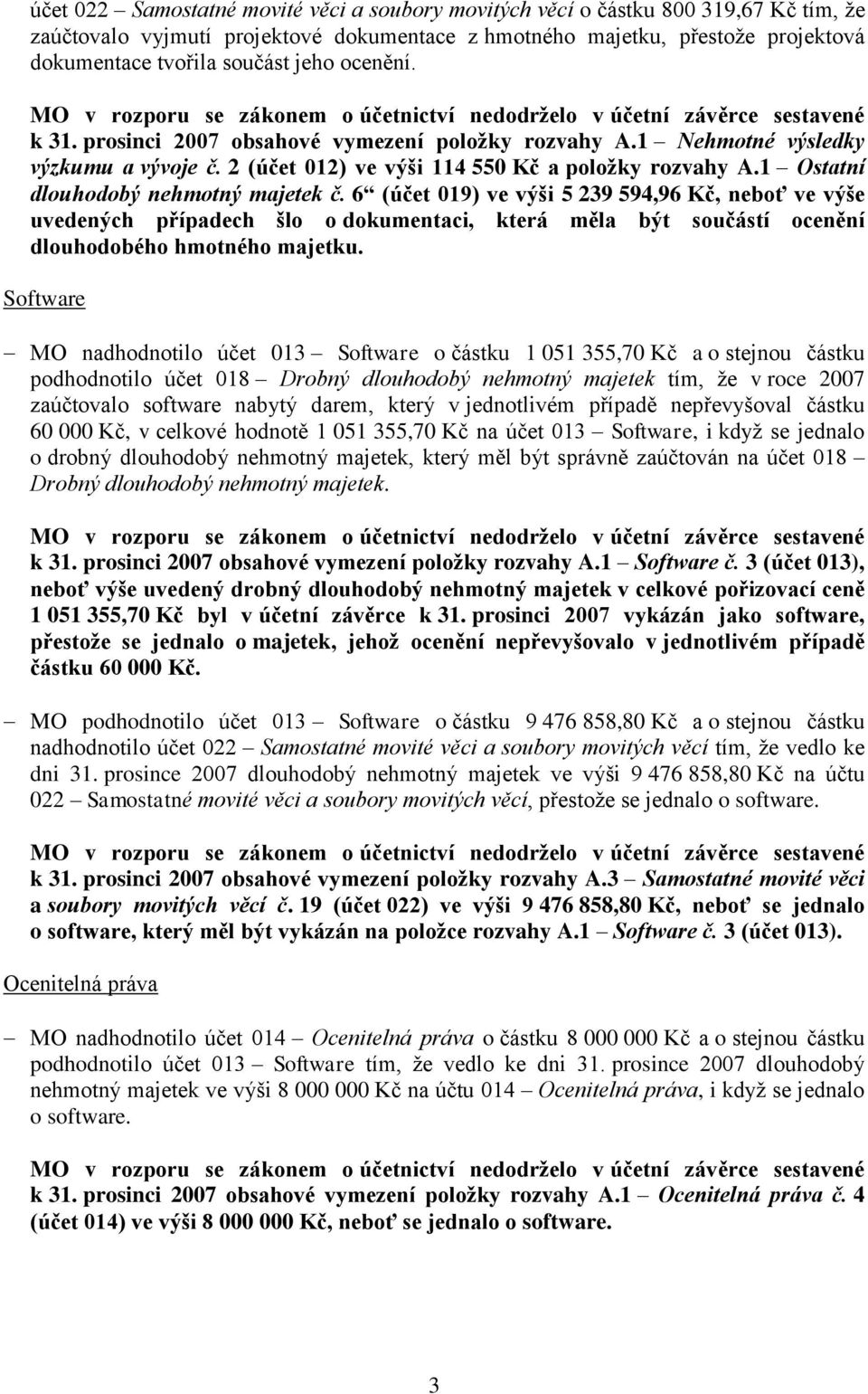 1 Ostatní dlouhodobý nehmotný majetek č. 6 (účet 019) ve výši 5 239 594,96 Kč, neboť ve výše uvedených případech šlo o dokumentaci, která měla být součástí ocenění dlouhodobého hmotného majetku.