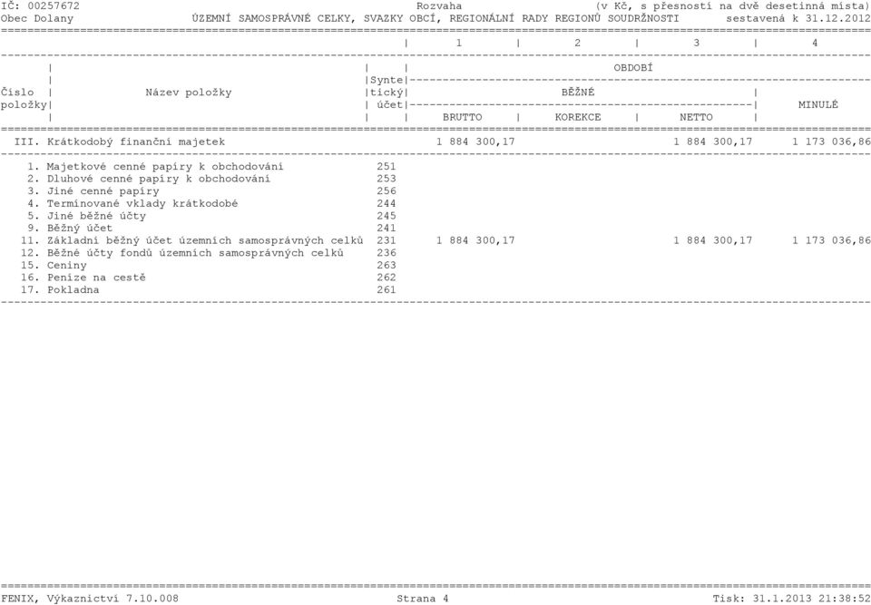 Běžný účet 241 11. Základní běžný účet územních samosprávných celků 231 1 884 300,17 1 884 300,17 1 173 036,86 12.
