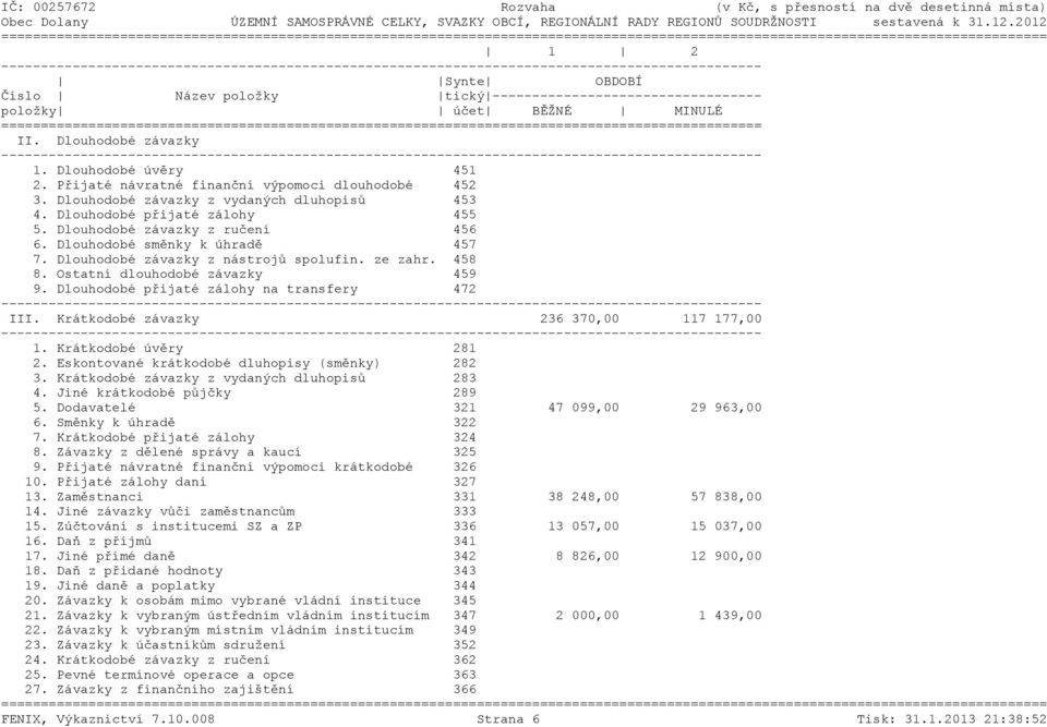 Dlouhodobé směnky k úhradě 457 7. Dlouhodobé závazky z nástrojů spolufin. ze zahr. 458 8. Ostatní dlouhodobé závazky 459 9. Dlouhodobé přijaté zálohy na transfery 472 III.