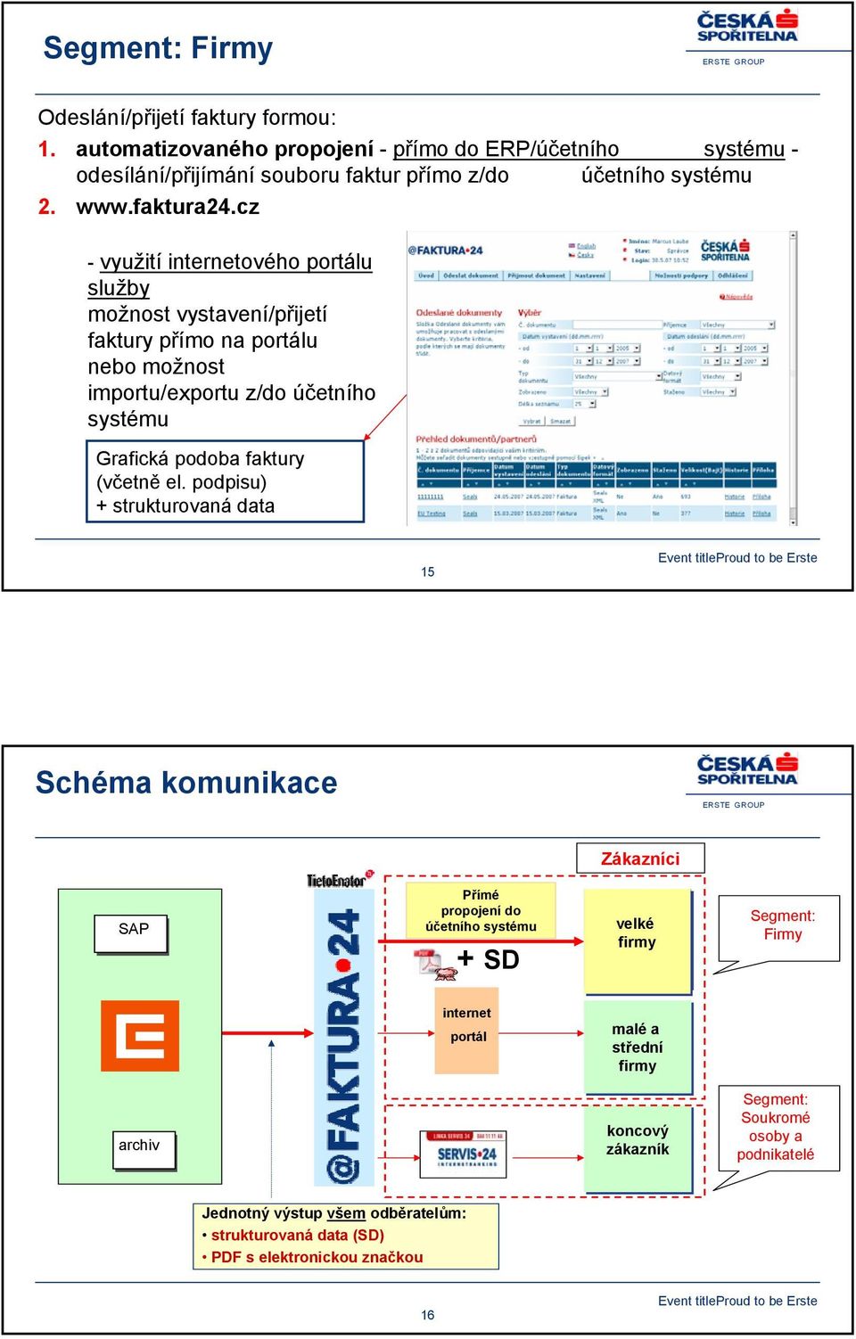 cz - využití internetového portálu služby možnost vystavení/přijetí faktury přímo na portálu nebo možnost importu/exportu z/do účetního systému Grafická podoba faktury