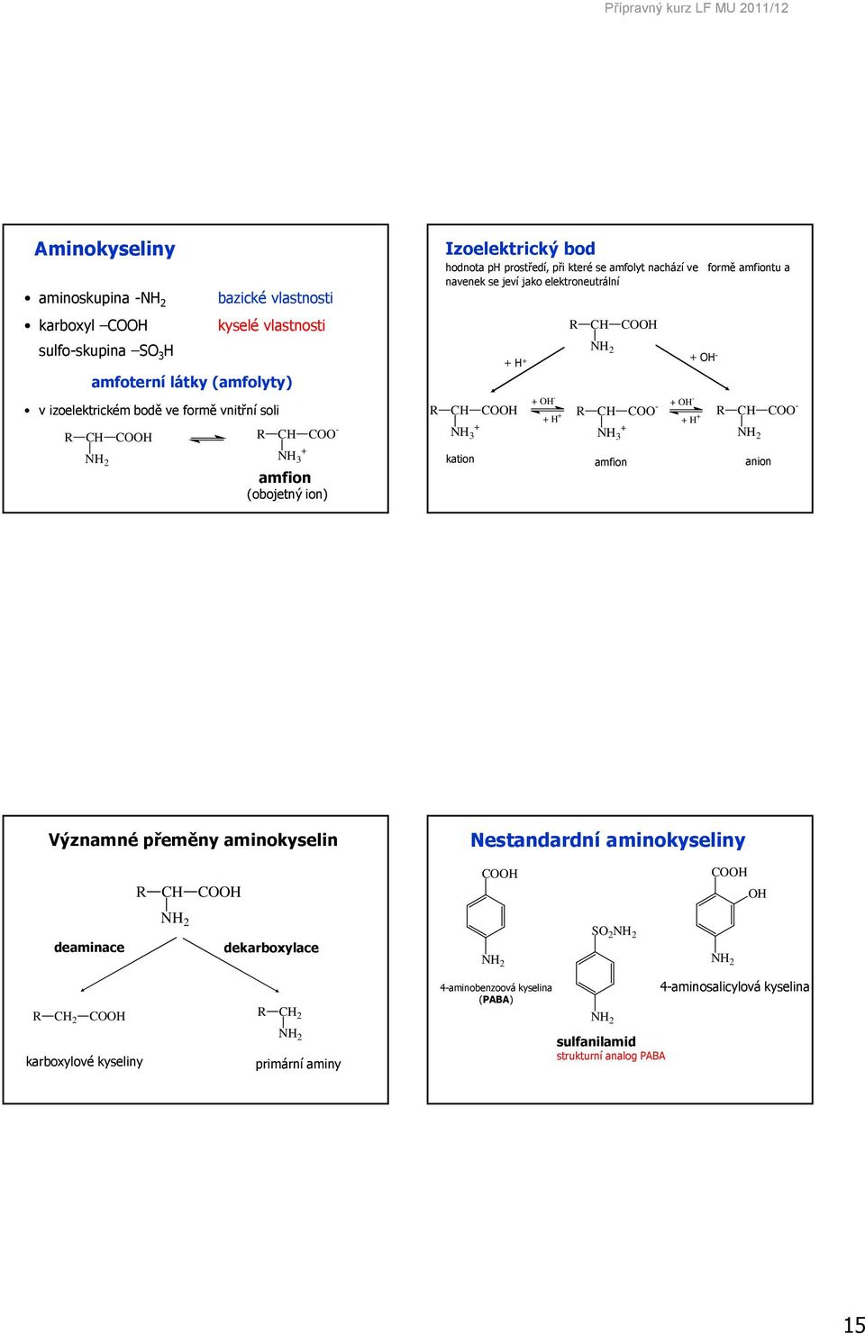 elektroneutrální N 3 + kation + - + + N 2 + + + - - N 3 + amfion + - + + - N 2 anion Významné přeměny aminokyselin Nestandardní aminokyseliny deaminace N 2