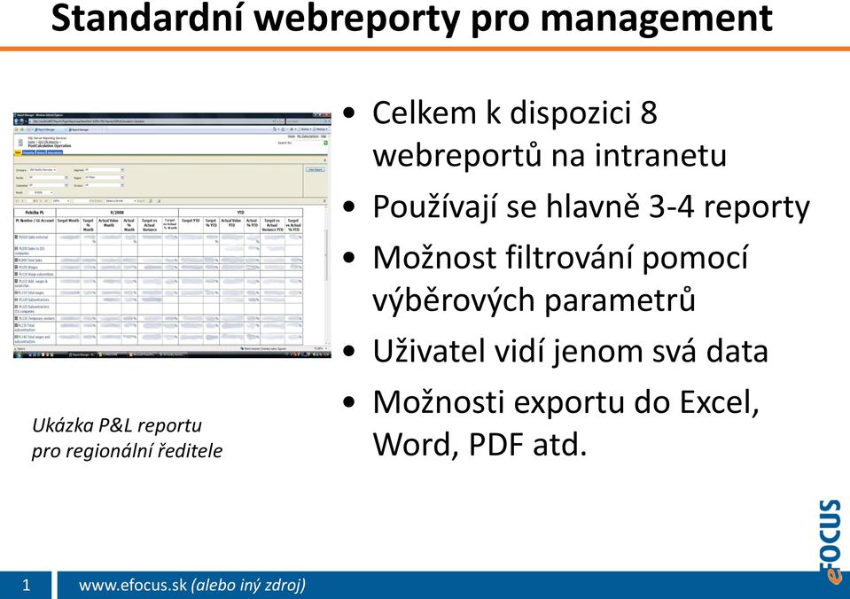 Používají se hlavně 3-4 reporty Možnost filtrování pomocí výběrových