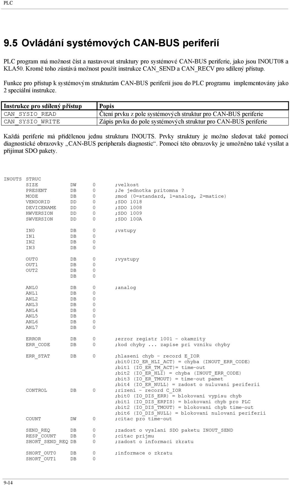 Funkce pro přístup k systémovým strukturám CAN-BUS periferií jsou do PLC programu implementovány jako 2 speciální instrukce.