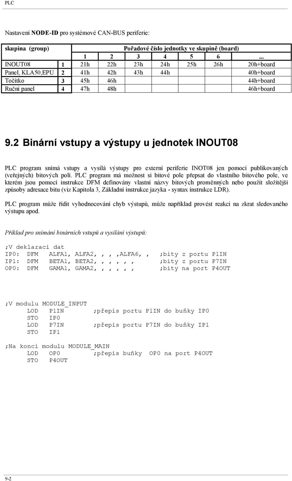 2 Binární vstupy a výstupy u jednotek INOUT08 PLC program snímá vstupy a vysílá výstupy pro externí periferie INOT08 jen pomocí publikovaných (veřejných) bitových polí.