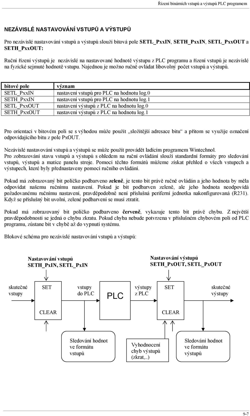 Najednou je možno ručně ovládat libovolný počet vstupů a výstupů. bitové pole SETL_PxxIN SETH_PxxIN SETL_PxxOUT SETH_PxxOUT význam nastavení vstupů pro PLC na hodnotu log.