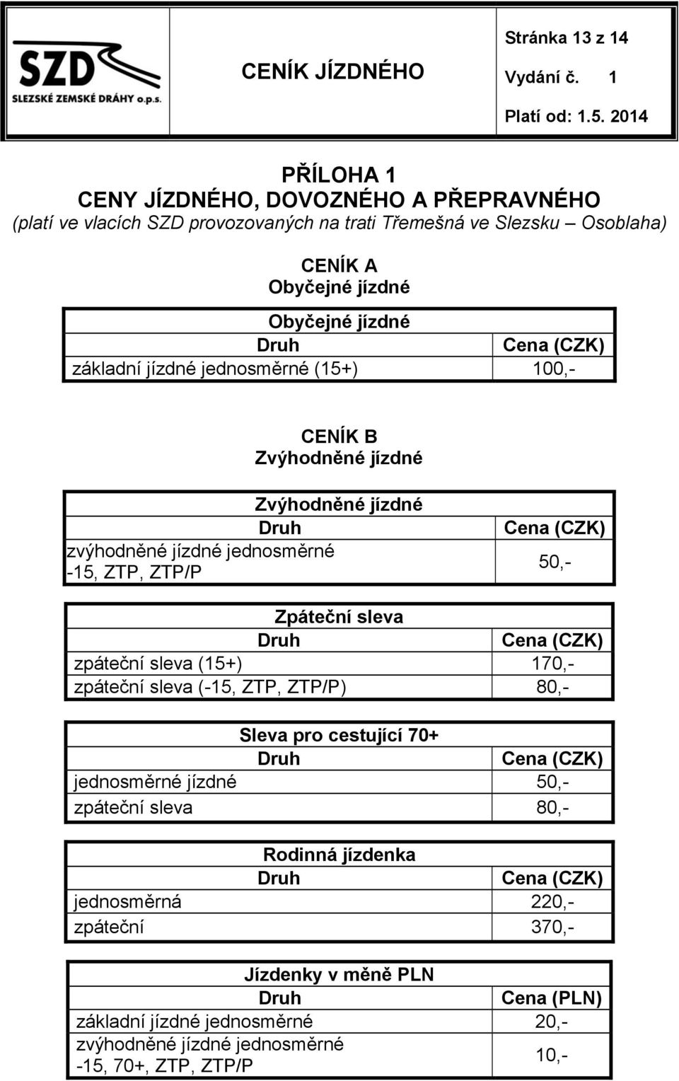 50,- Zpáteční sleva Cena (CZK) zpáteční sleva (15+) 170,- zpáteční sleva (-15, ZTP, ZTP/P) 80,- Sleva pro cestující 70+ Cena (CZK) jednosměrné jízdné 50,- zpáteční sleva