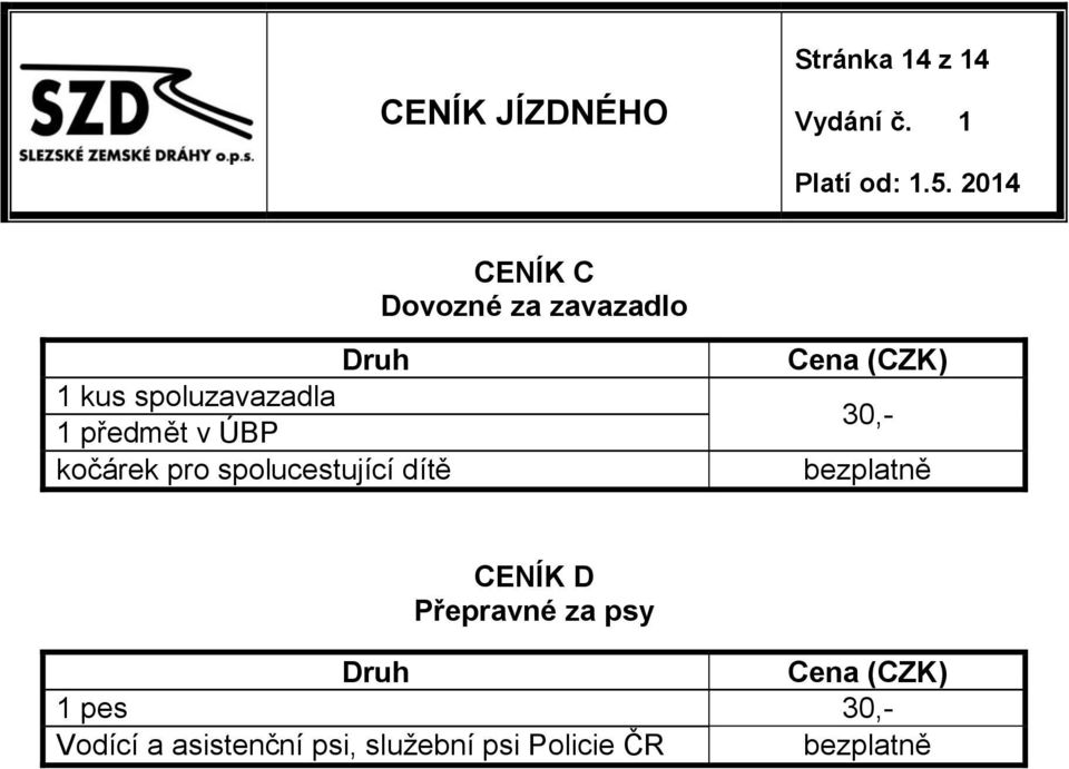 dítě Cena (CZK) 30,- bezplatně CENÍK D Přepravné za psy Cena