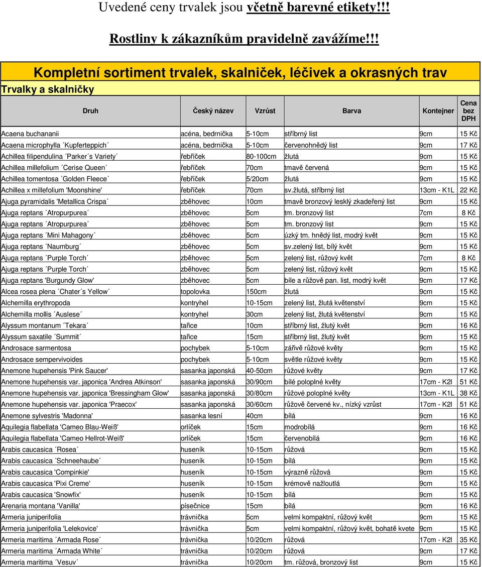 9cm 15 Kč Acaena microphylla Kupferteppich acéna, bedrnička 5-10cm červenohnědý list 9cm 17 Kč Achillea filipendulina Parker s Variety řebříček 80-100cm žlutá 9cm 15 Kč Achillea millefolium Cerise