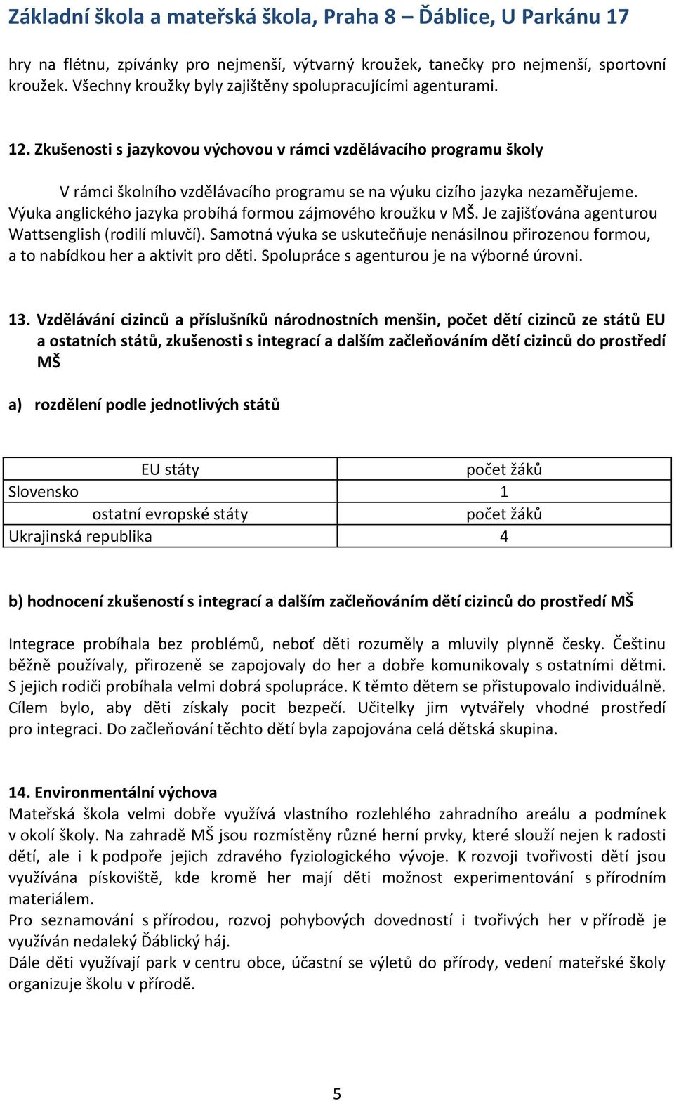 Výuka anglického jazyka probíhá formou zájmového kroužku v MŠ. Je zajišťována agenturou Wattsenglish (rodilí mluvčí).