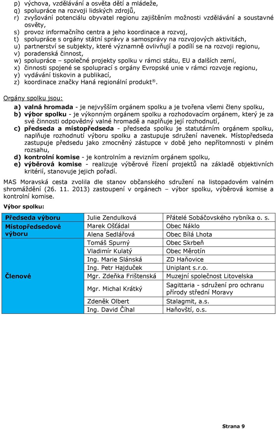 rozvoji regionu, v) poradenská činnost, w) spolupráce společné projekty spolku v rámci státu, EU a dalších zemí, x) činnosti spojené se spoluprací s orgány Evropské unie v rámci rozvoje regionu, y)