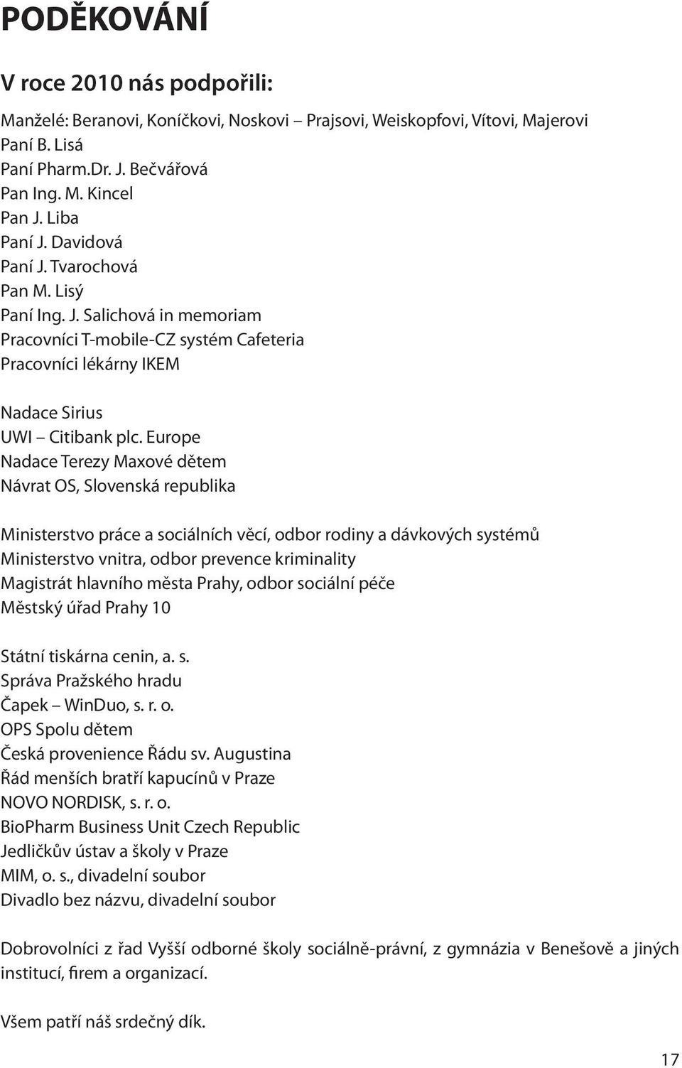 Europe Nadace Terezy Maxové dětem Návrat OS, Slovenská republika Ministerstvo práce a sociálních věcí, odbor rodiny a dávkových systémů Ministerstvo vnitra, odbor prevence kriminality Magistrát