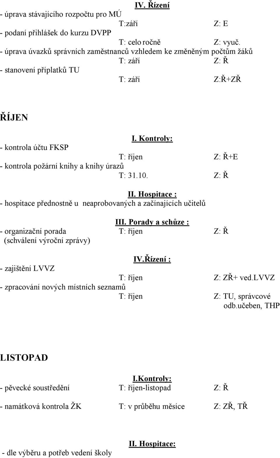 Kontroly: - kontrola účtu FKSP T: říjen Z: Ř+E - kontrola požární knihy a knihy úrazů T: 31.10. Z: Ř II. Hospitace : - hospitace přednostně u neaprobovaných a začínajících učitelů III.