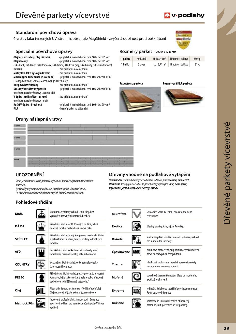 lak Matný lak, lak s vysokým leskem Moření (jiné třídění než je uvedeno) - příplatek k maloobchodní ceně 100 Kč bez DPH/m 2 ( Honey, Gunstock, Santos, Mocca, Wenge, Ořech, Grey) Bez povrchové úpravy