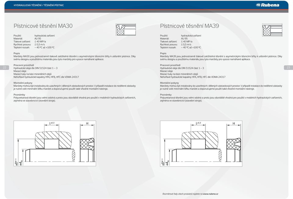 Díky svému designu a použitému materiálu jsou tyto manžety pro vysoce namáhané aplikace. Manžety MA39 jsou jednostranně tlakově zatižitelná těsnění s asymetrickými těsnicími břity k utěsnění pístnice.