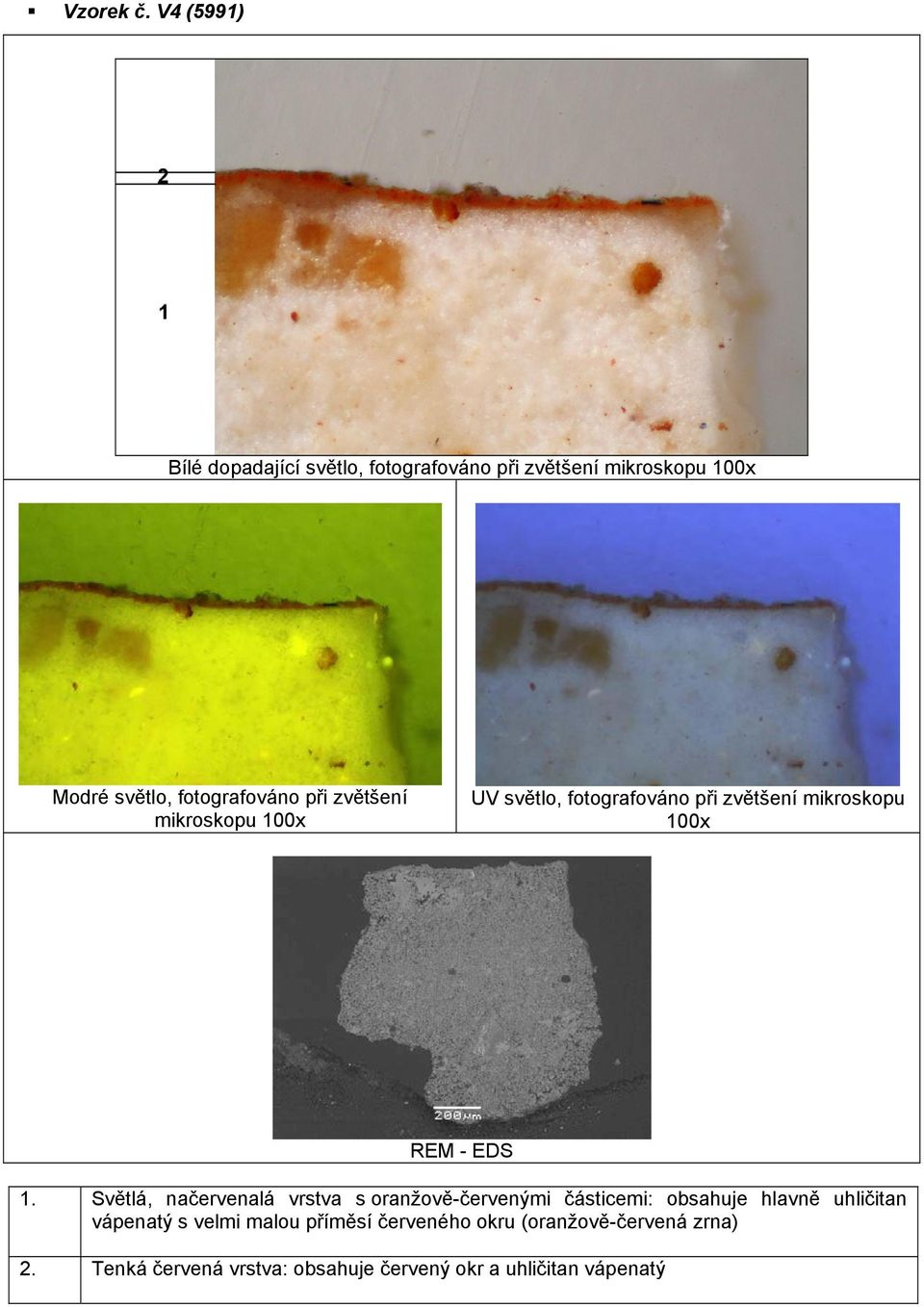 při zvětšení mikroskopu 100x UV světlo, fotografováno při zvětšení mikroskopu 100x REM - EDS 1.