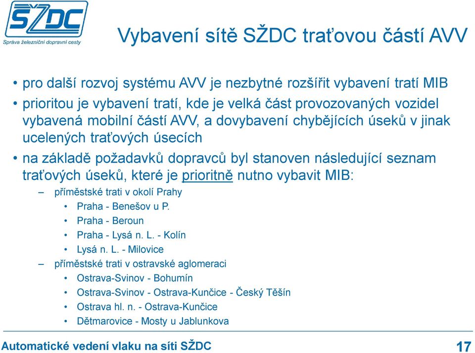 traťových úseků, které je prioritně nutno vybavit MIB: příměstské trati v okolí Prahy Praha - Benešov u P. Praha - Beroun Praha - Ly