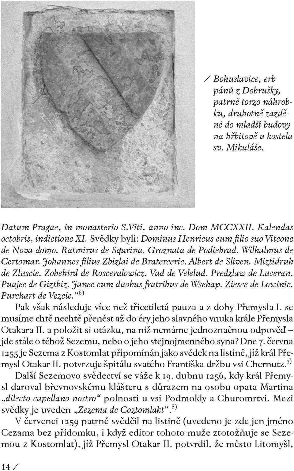 Johannes filius Zbizlai de Braterceric. Albert de Sliven. Miztidruh de Zluscie. Zobehird de Rosceralowicz. Vad de Velelud. Predzlaw de Luceran. Puajec de Giztbiz. Janec cum duobus fratribus de Wsehap.