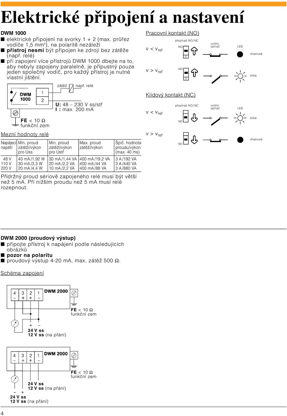 relé Pracovní kontakt (NO) v < v ref v > v ref přepínač NO/ NC NO NO vnitřní spínač LED zhasnutá bliká Klidový kontakt (NC) U: 48 230 V ss/stř I:max.